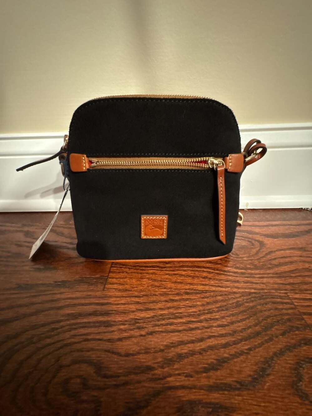 Dooney & Bourke Domed Crossbody Bag in Black Suede and Tan Leather